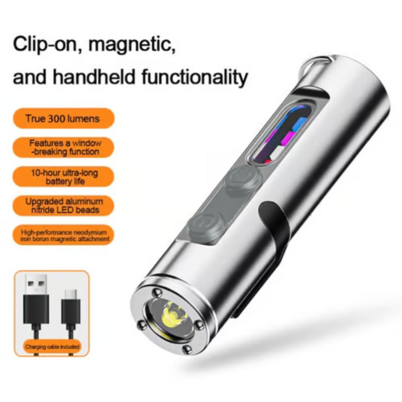 Pocket Rechargeable EDC Flashlight: Mini Keychain Light with Fire Starter & Window Breaker