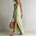 Striped Stand Collar Side-Slit Sleeveless Maxi Dress – A-Line Cami