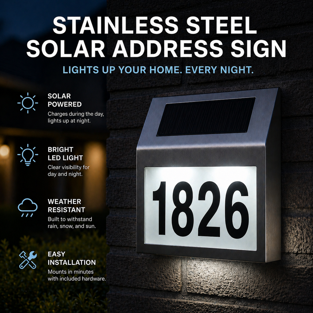 Solar LED Address Sign – Stainless Steel House Number Light with White LEDs, Waterproof, Customizable Numbers & Letters, Auto On/Off, 7.86 x 7.07 Inches
