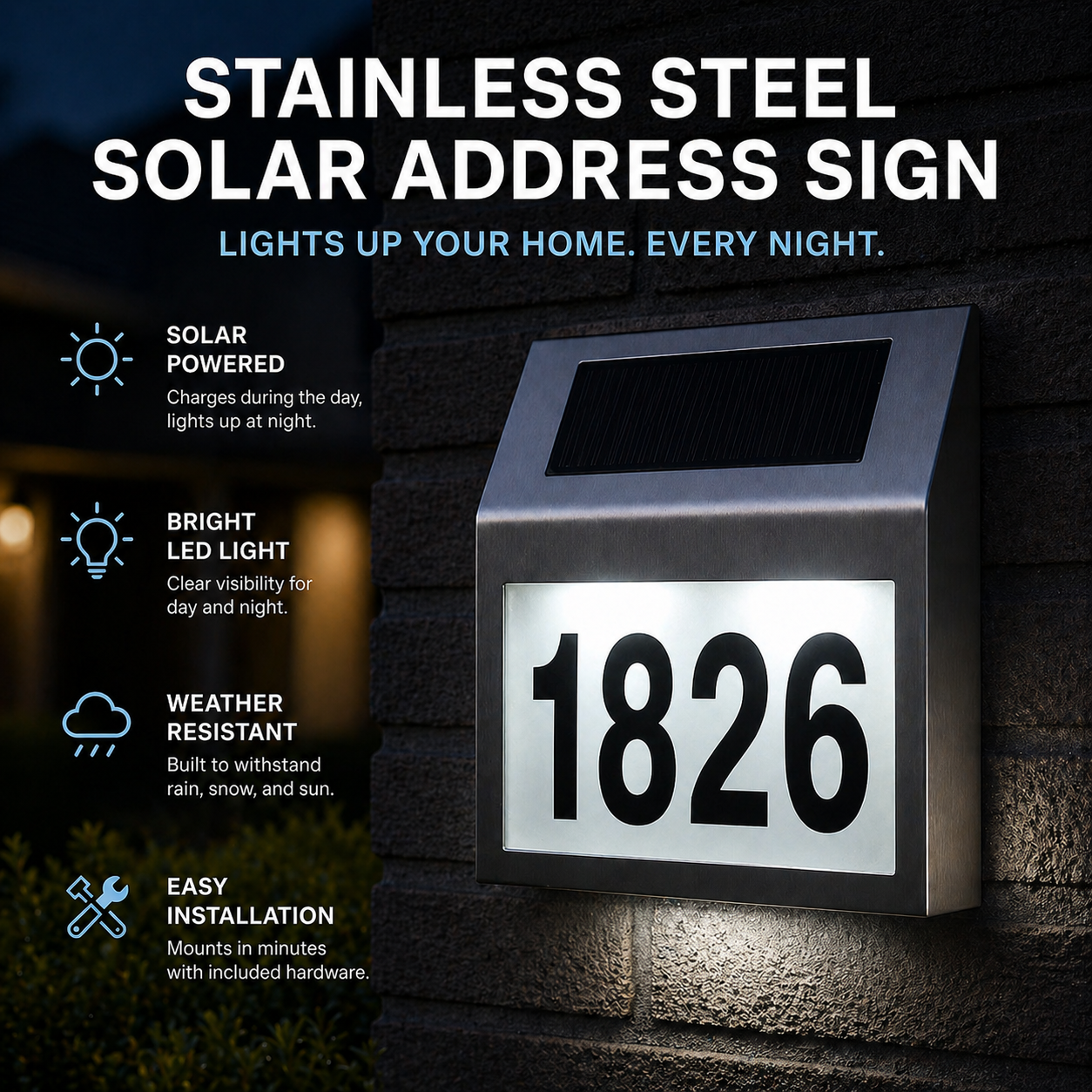 Solar LED Address Sign – Stainless Steel House Number Light with White LEDs, Waterproof, Customizable Numbers & Letters, Auto On/Off, 7.86 x 7.07 Inches
