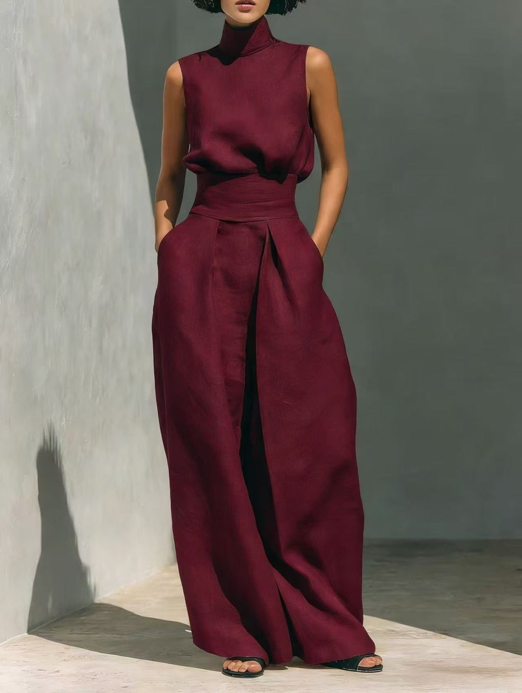 Women’s Cotton Linen Two-Piece Set – Sleeveless Top & Wide-Leg Pants