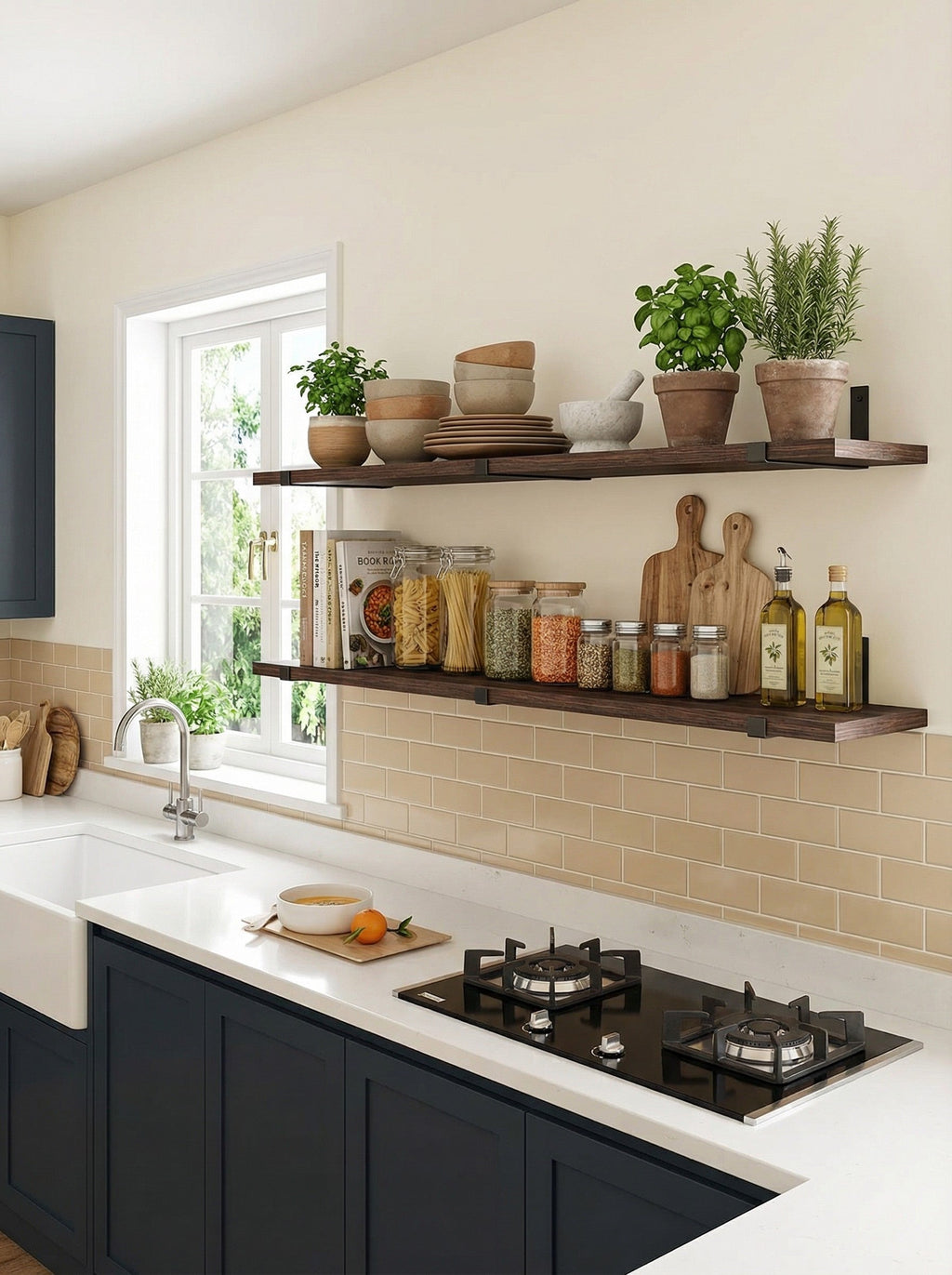 Rustic Wood Floating Wall Shelves with Metal Brackets