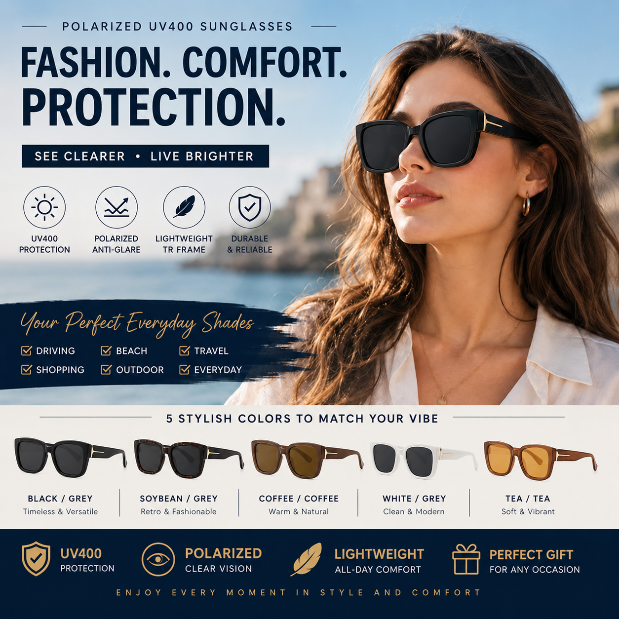 Women’s Polarized Square Sunglasses – Lightweight UV400 Shades for Driving, Beach & Travel