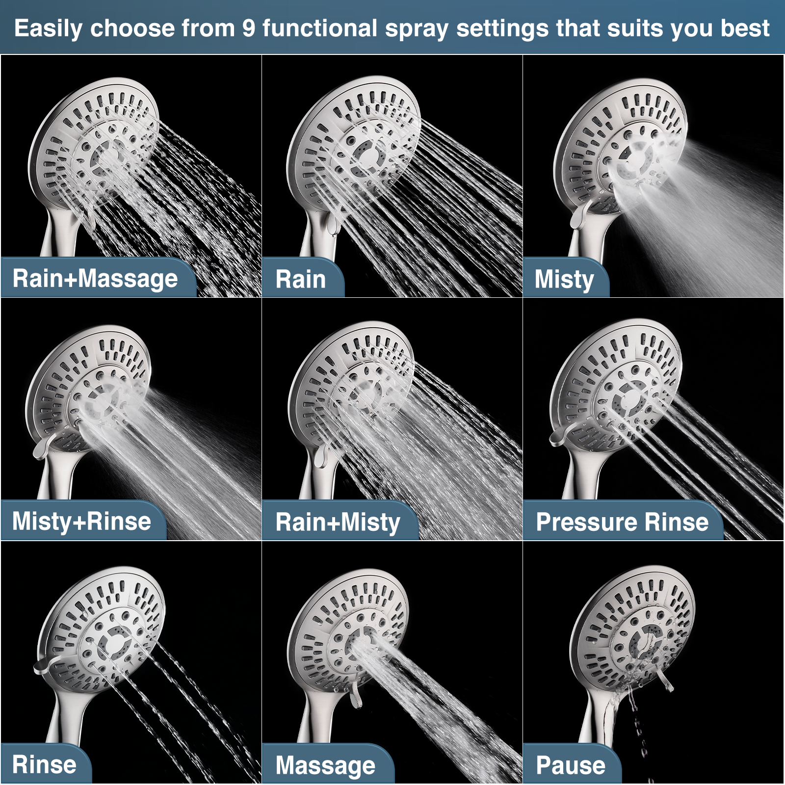 9-Spray Handheld Shower Head Set with Hose and Shower Arm Mount