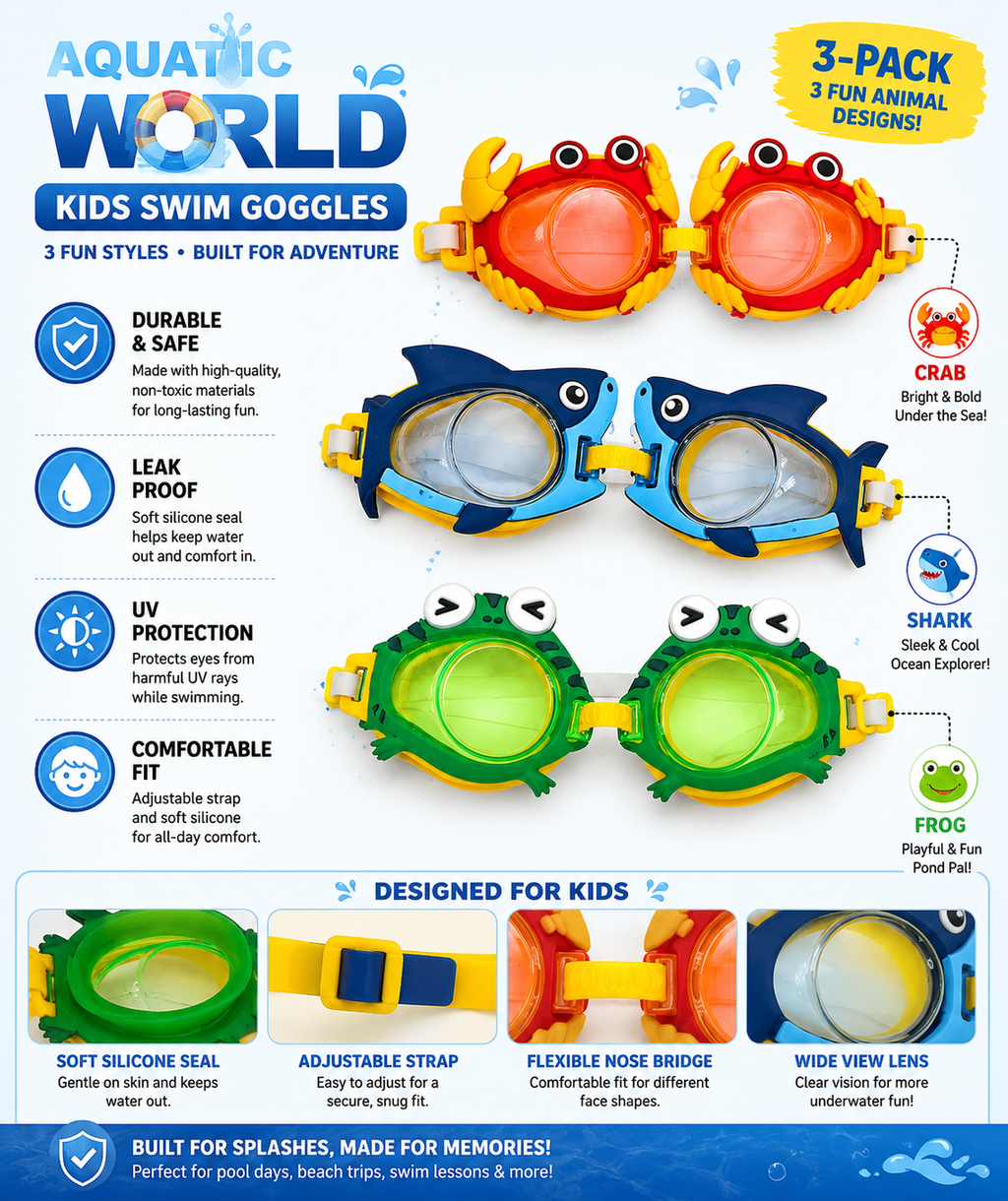 3-Pack Kids Novelty Character Adjustable Swim Goggles, Ages 5+