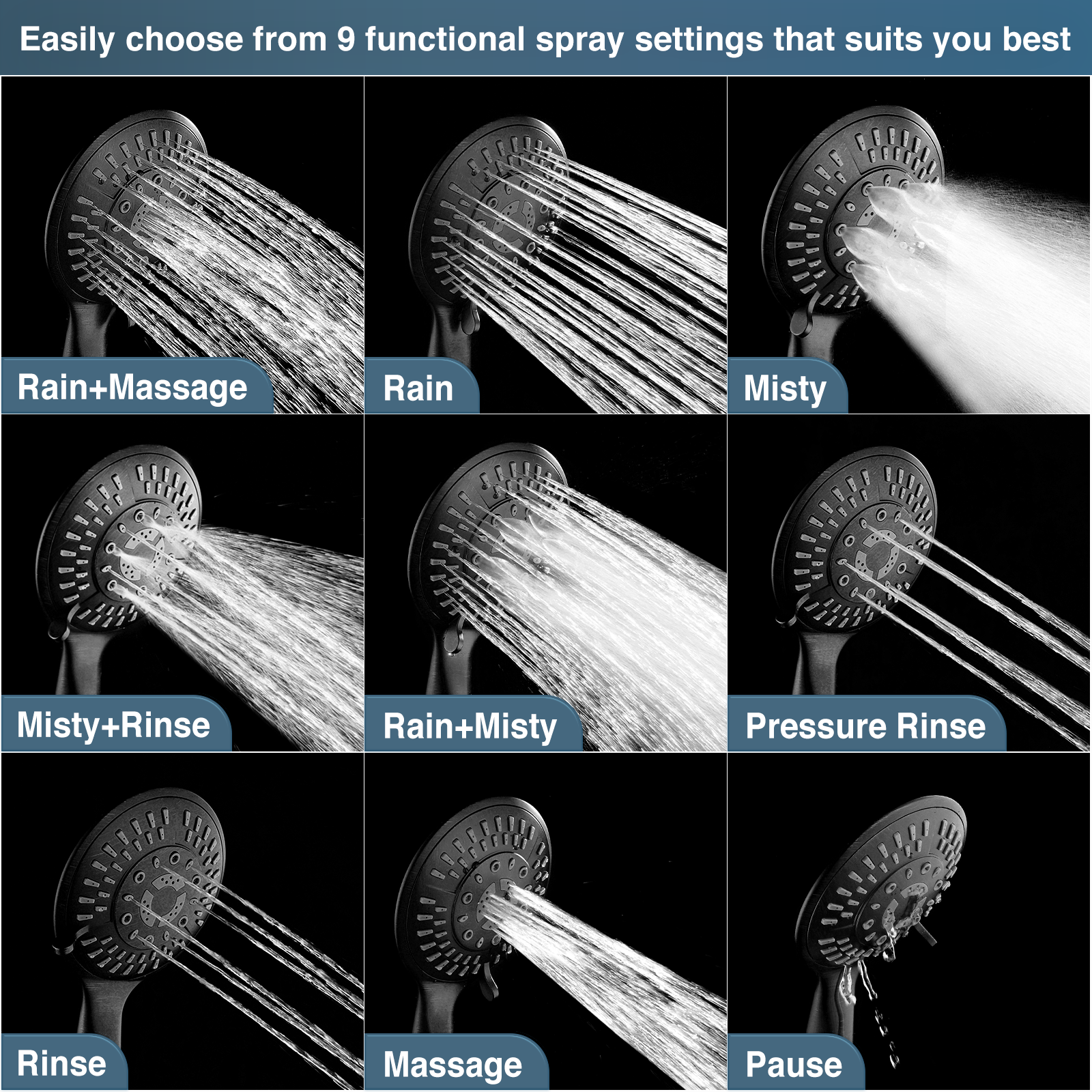9-Spray Handheld Shower Head Set with Hose and Shower Arm Mount