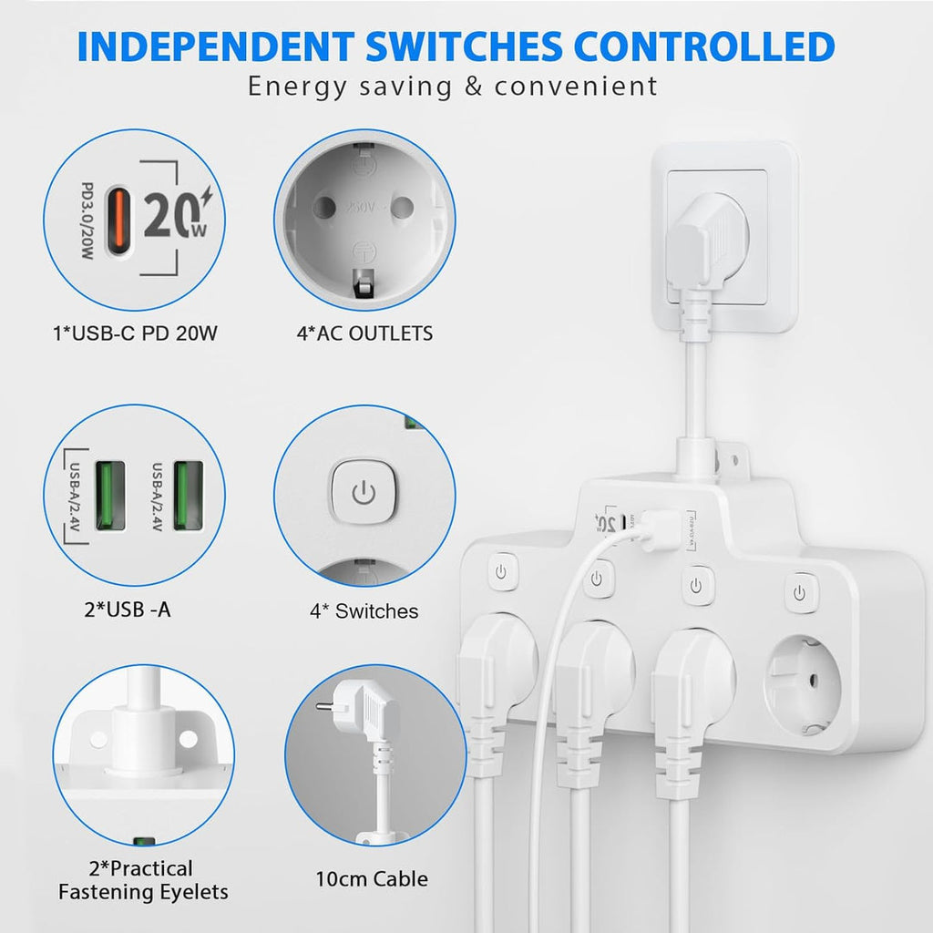 Wall-mounted Power Strip With Independent Switch - 2 USB A And 1 USB C