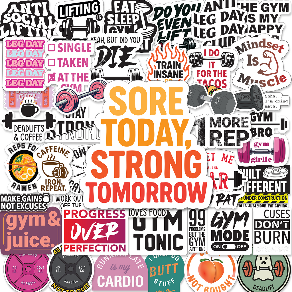 Gym Stickers 45 Pack - Workout Stickers for Water Bottle, Fitness Planner Stickers, Exercise Motivation Stickers - Waterproof Glossy Vinyl Aesthetic Stickers for Laptop, Gym Decor, Fitness Gifts