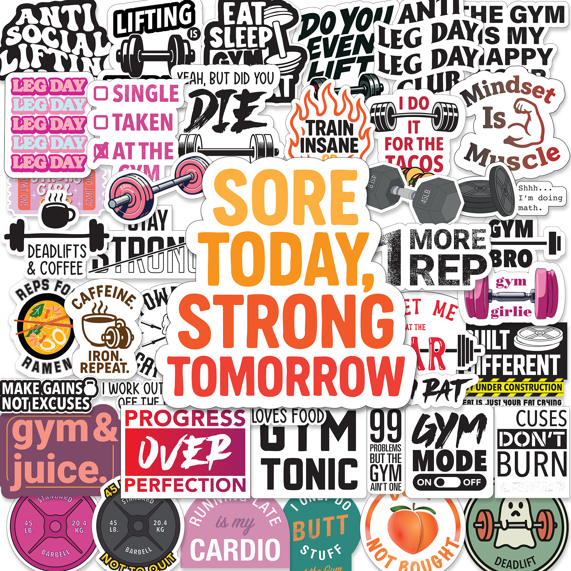 Gym Stickers 45 Pack - Workout Stickers for Water Bottle, Fitness Planner Stickers, Exercise Motivation Stickers - Waterproof Glossy Vinyl Aesthetic Stickers for Laptop, Gym Decor, Fitness Gifts