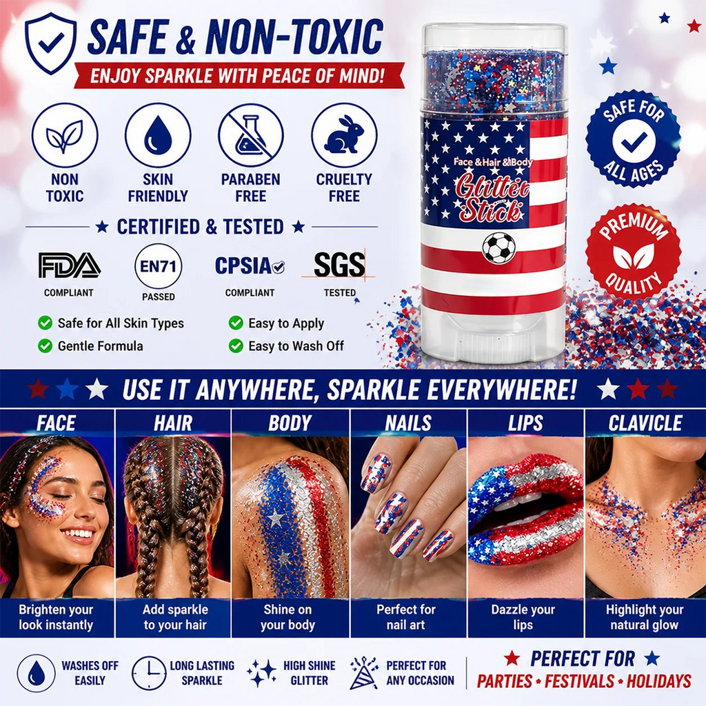 4th of July Glitter StickRed, White & Blue Body & Hair Sparkle