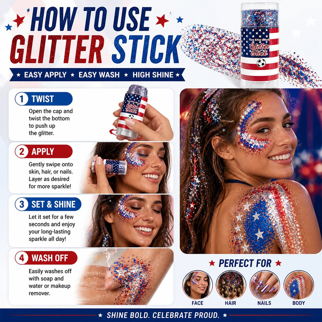 4th of July Glitter StickRed, White & Blue Body & Hair Sparkle