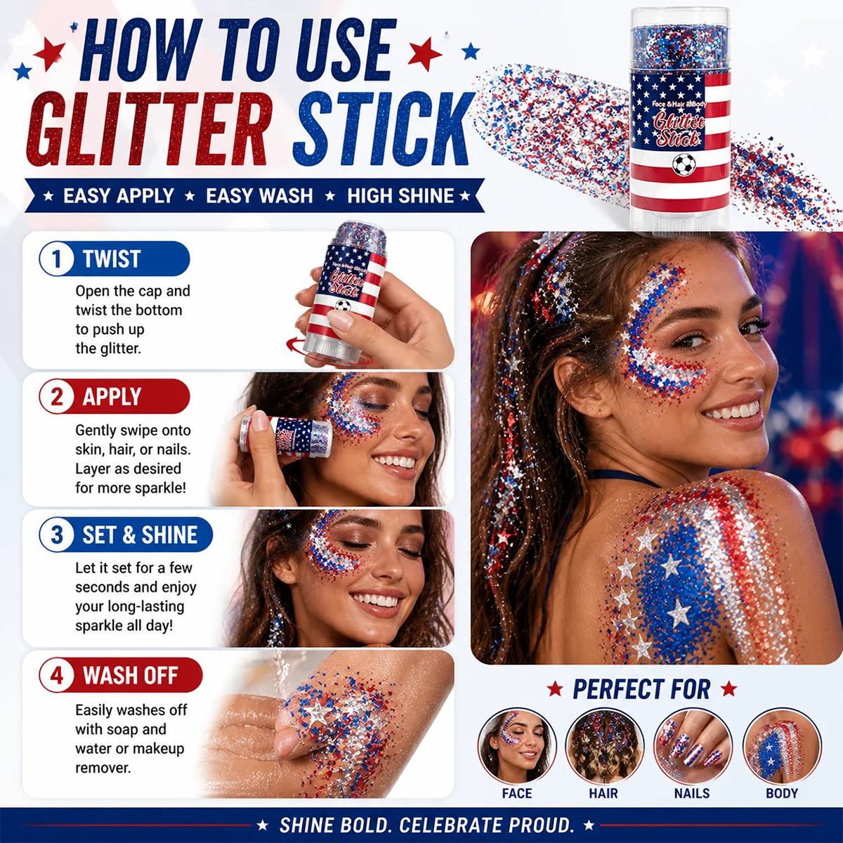 4th of July Glitter StickRed, White & Blue Body & Hair Sparkle