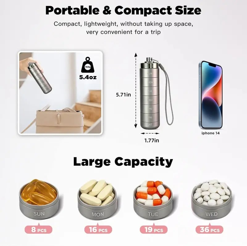 Portable Metal Pill Organizer – 7-Day Medicine, Vitamin & Supplement Holder