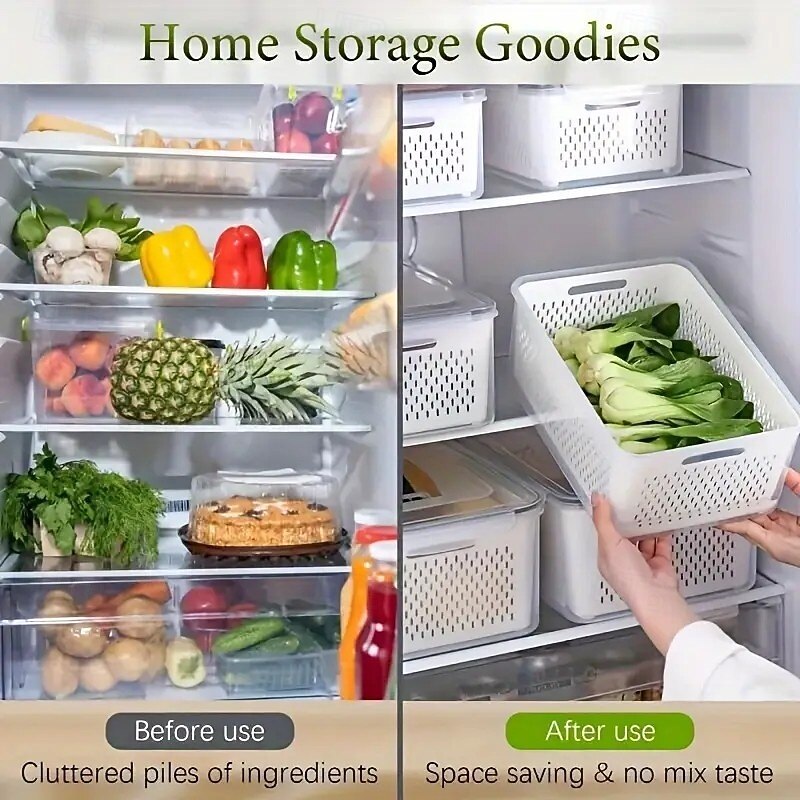 Produce Storage Containers – Stackable Fridge Organizer Bins with Removable Colanders