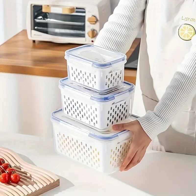 Produce Storage Containers – Stackable Fridge Organizer Bins with Removable Colanders