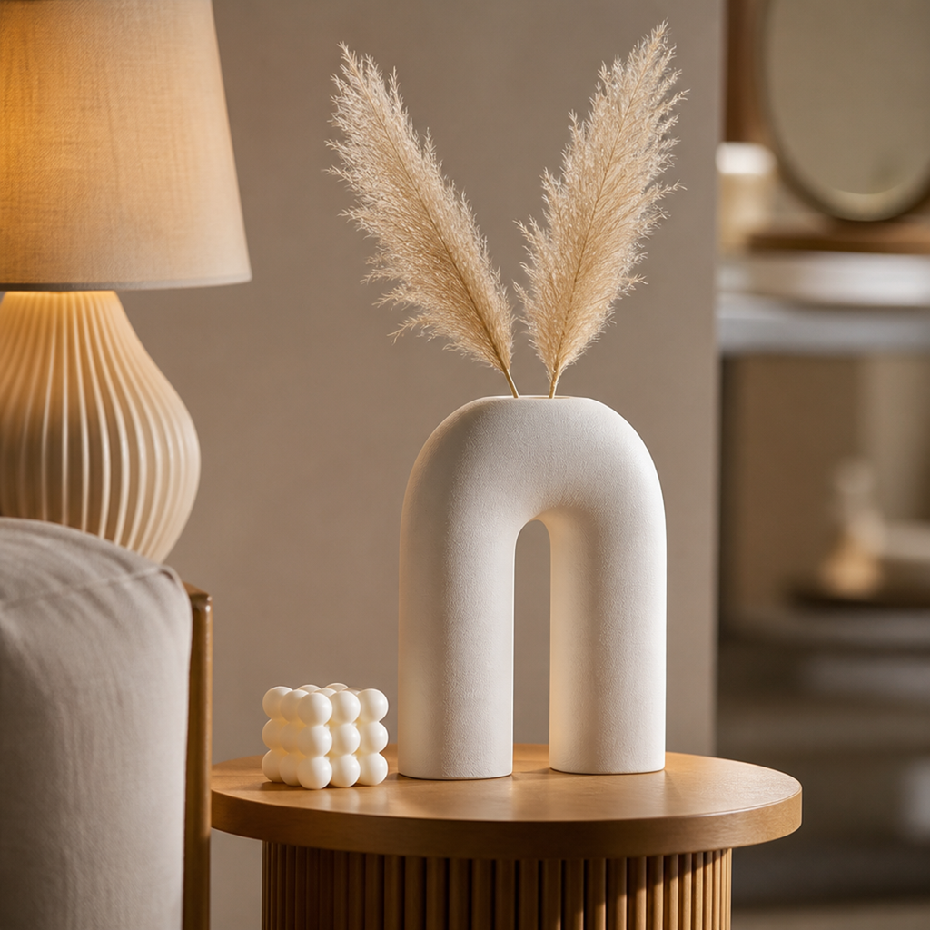 Beige Ceramic Vase with Curved Design