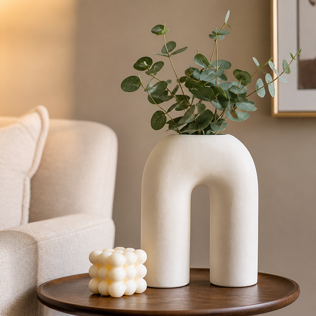 Beige Ceramic Vase with Curved Design
