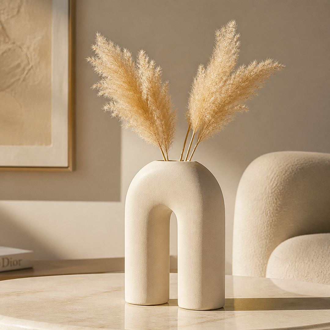Beige Ceramic Vase with Curved Design