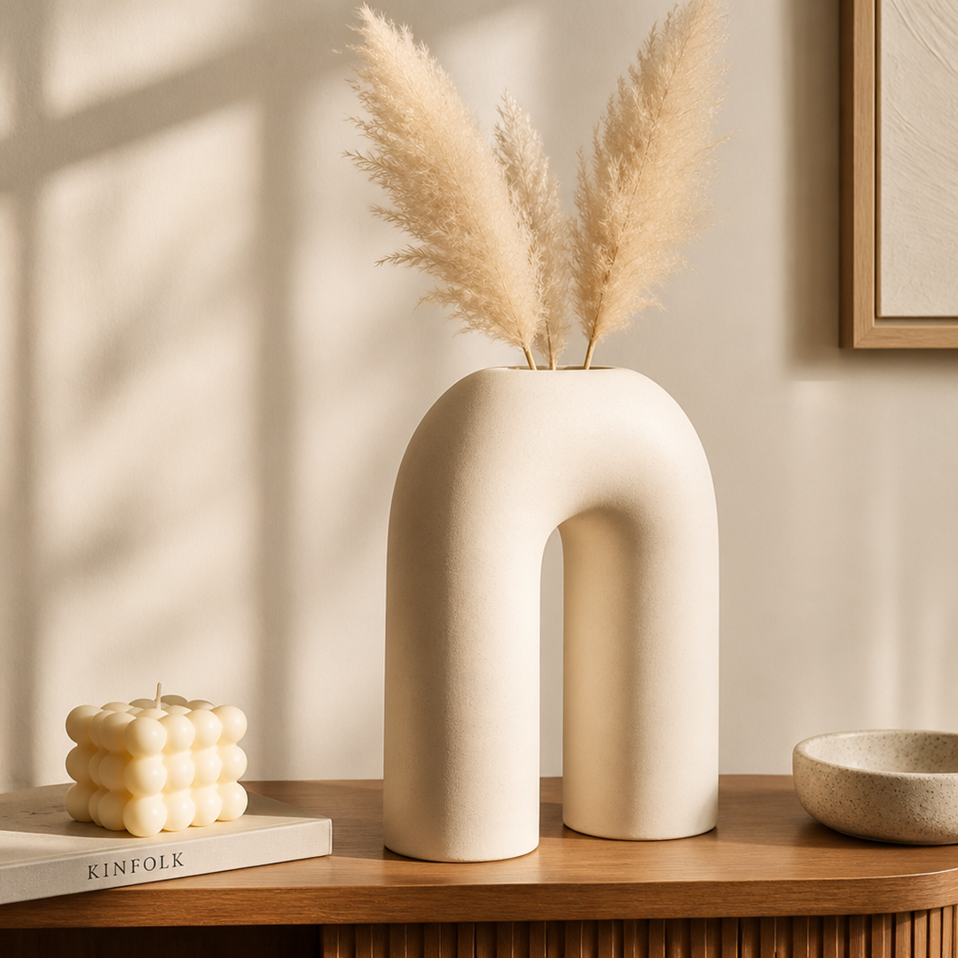 Beige Ceramic Vase with Curved Design