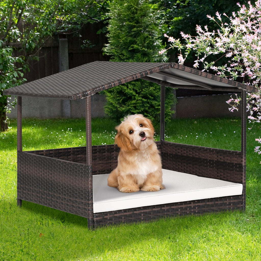 Wicker Dog House with Waterproof Roof and Washable Cushion Cover