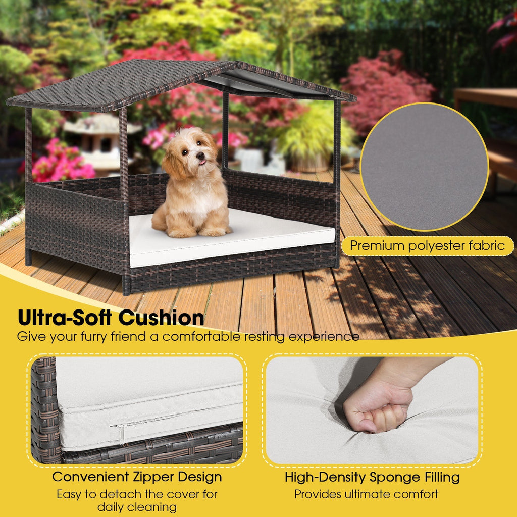 Wicker Dog House with Waterproof Roof and Washable Cushion Cover