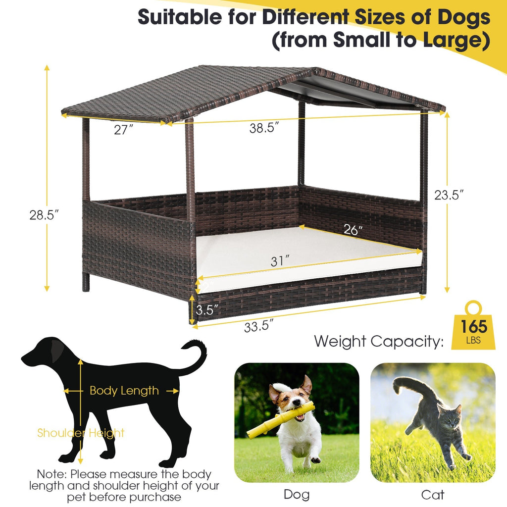 Wicker Dog House with Waterproof Roof and Washable Cushion Cover