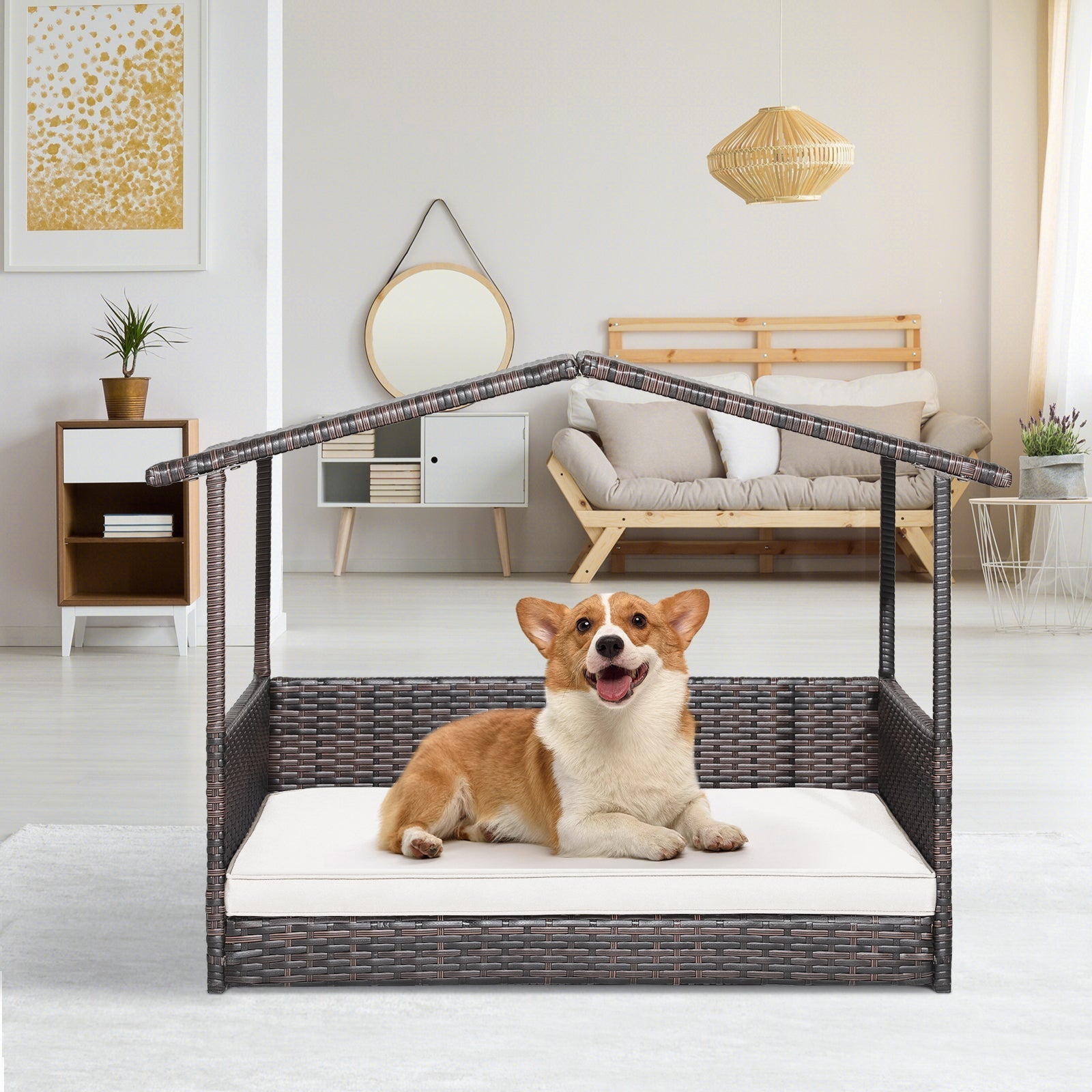Wicker Dog House with Waterproof Roof and Washable Cushion Cover