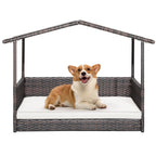 Wicker Dog House with Waterproof Roof and Washable Cushion Cover
