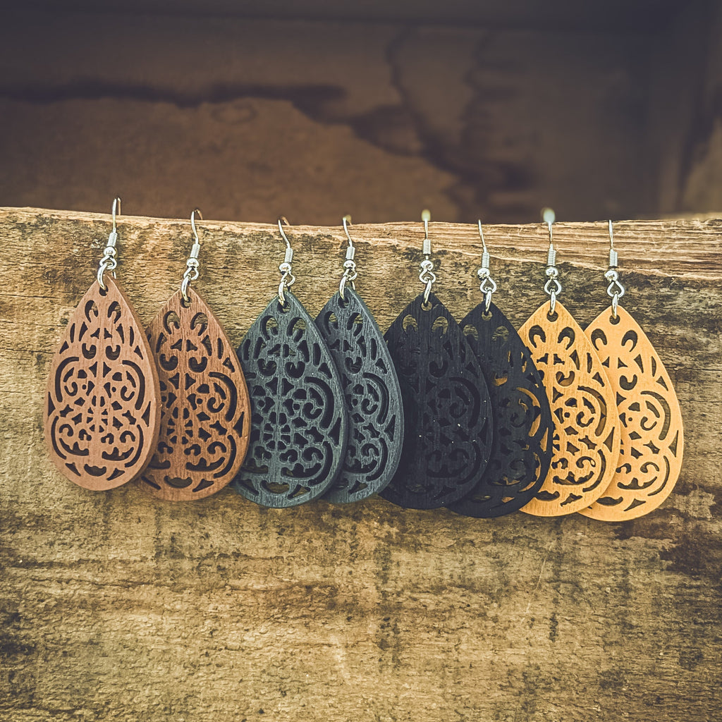Set of Four Beautiful Carved Wood Earrings