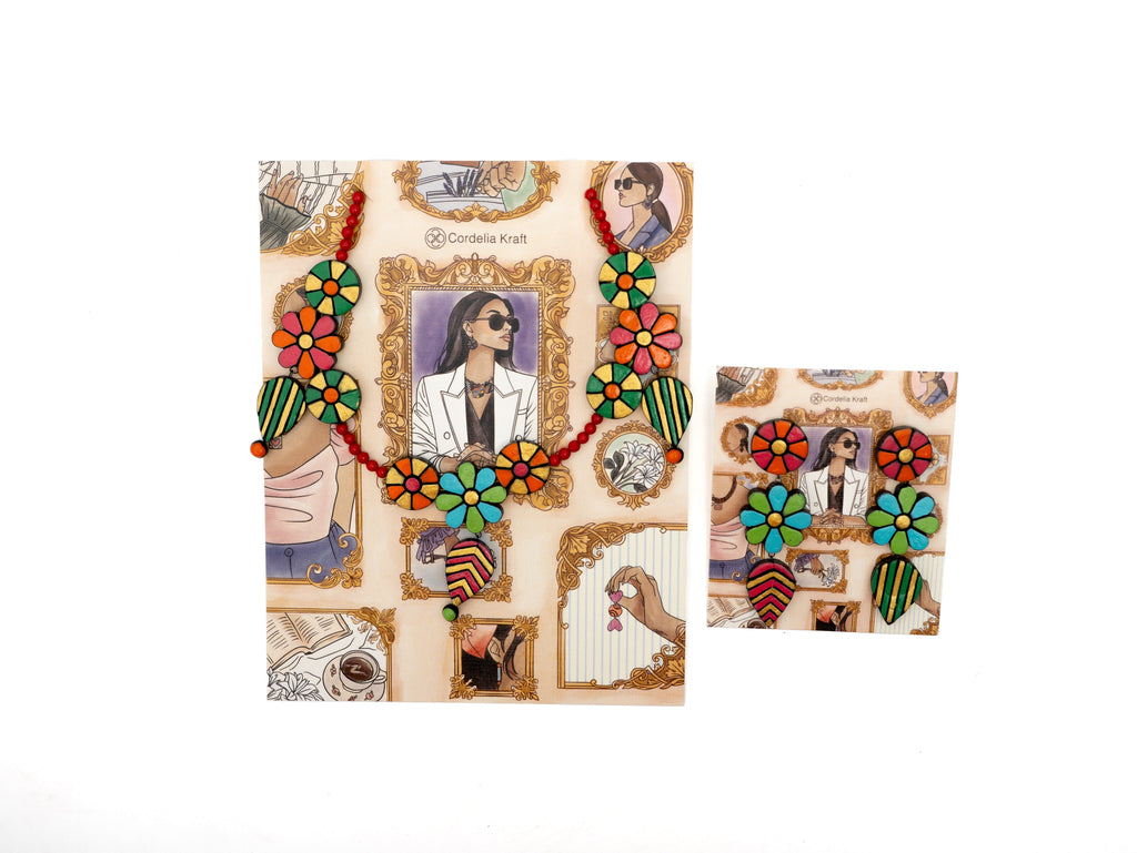 Floral Clay Boho Necklace & Dangle Earrings Set