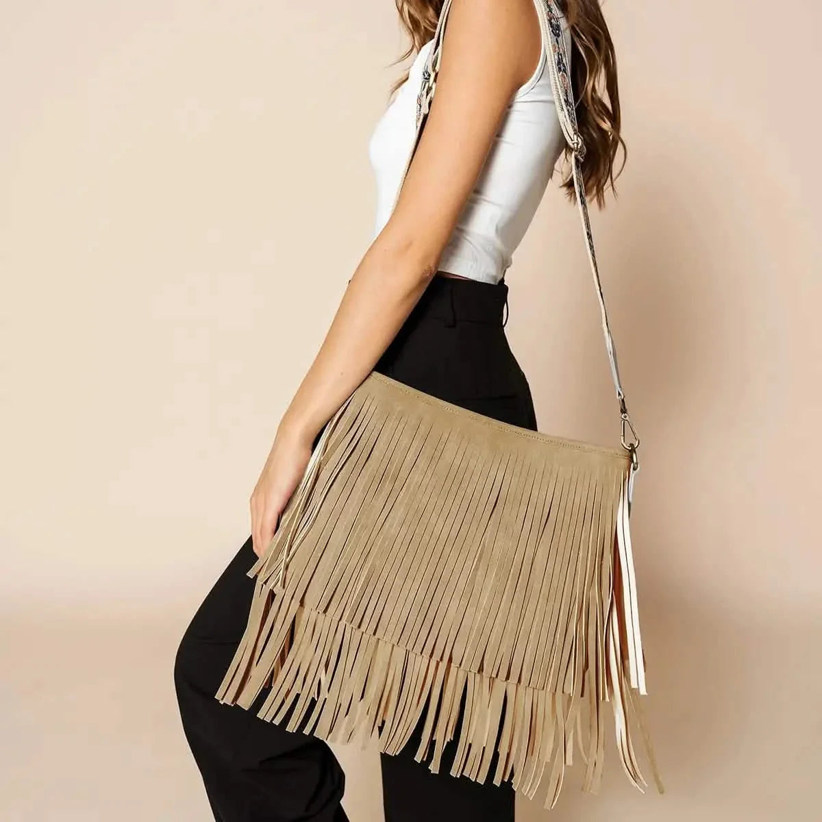Sadie Light Brown Suede Fringe Crossbody w/ Guitar Strap Purse