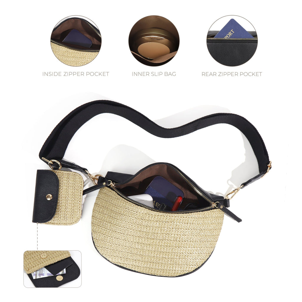 Valentina Mixed Media Straw Sling Crossbody Bag