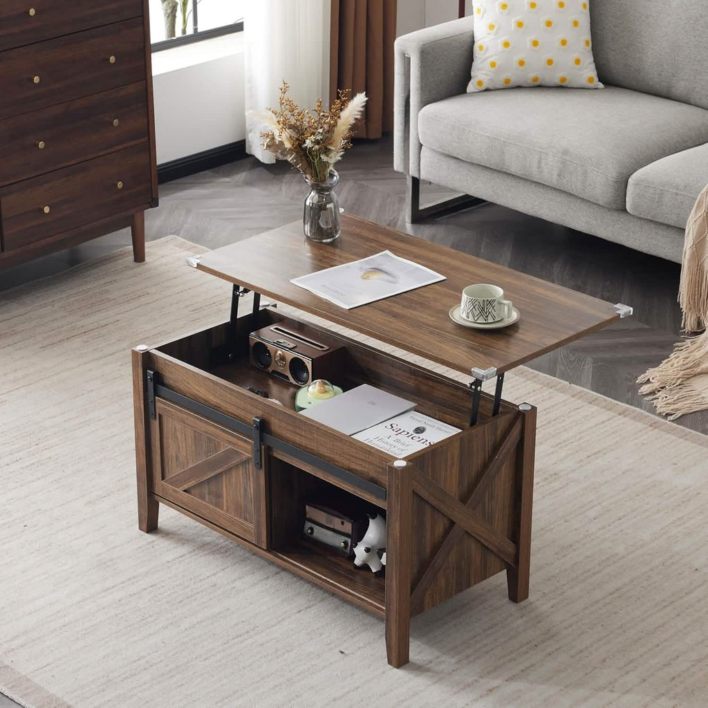 Lift Top Coffee Table 36" Farmhouse Rustic Wood Hidden Storage & Sliding Barn