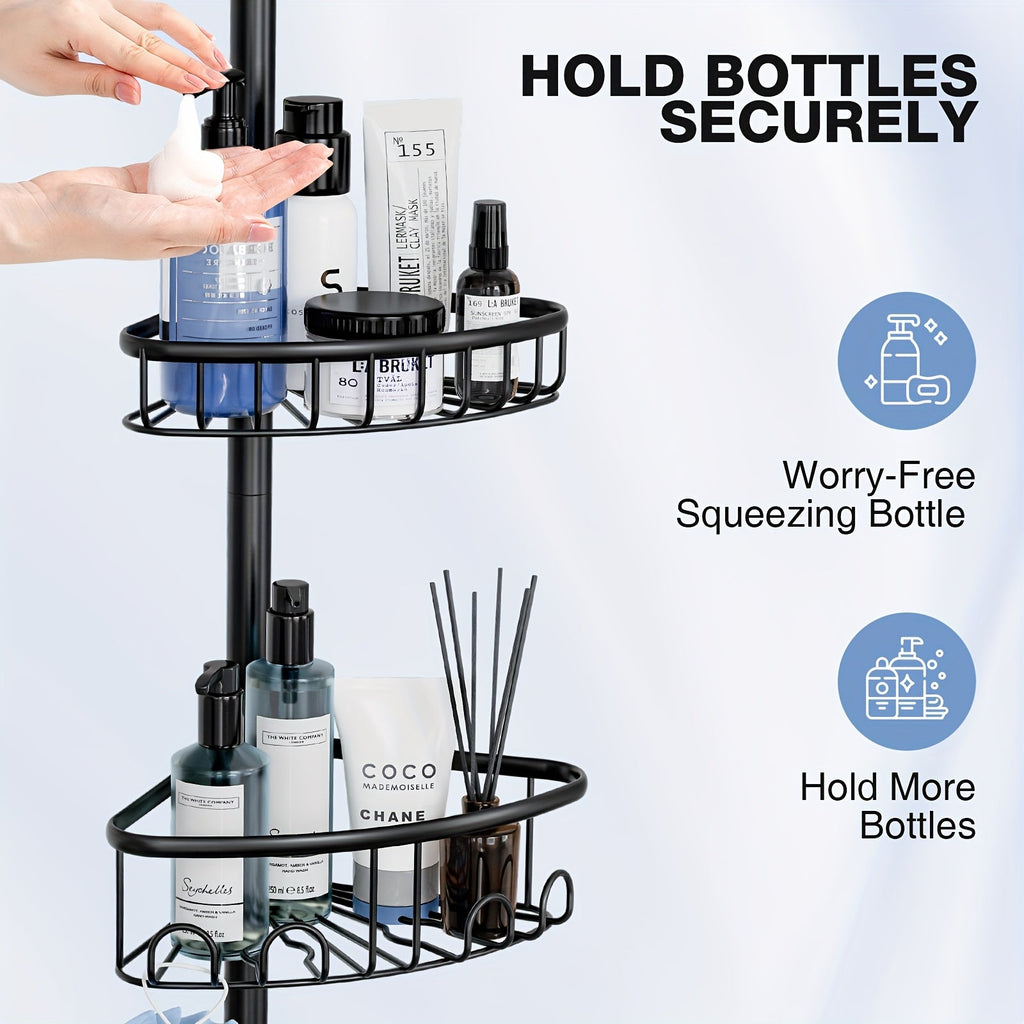 4-Tier Corner Shower Organizer Telescopic Pole Rustproof Bathroom Storage Black
