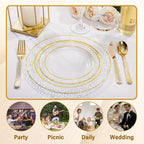 50PCS Clear Plastic Dinnerware Set Reusable Plates Cups Cutlery Wedding Party