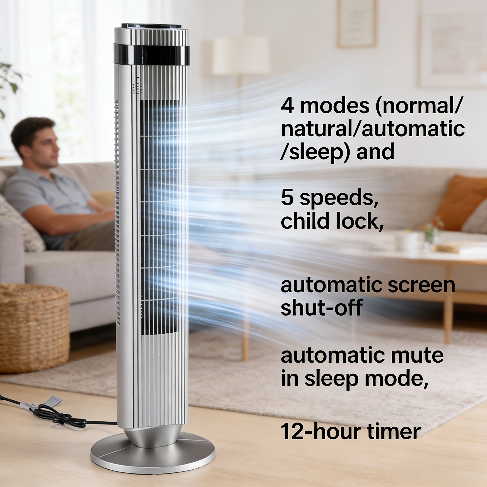 Bladeless Tower Fan - 5 Speeds, 64° Oscillating, Remote & Timer