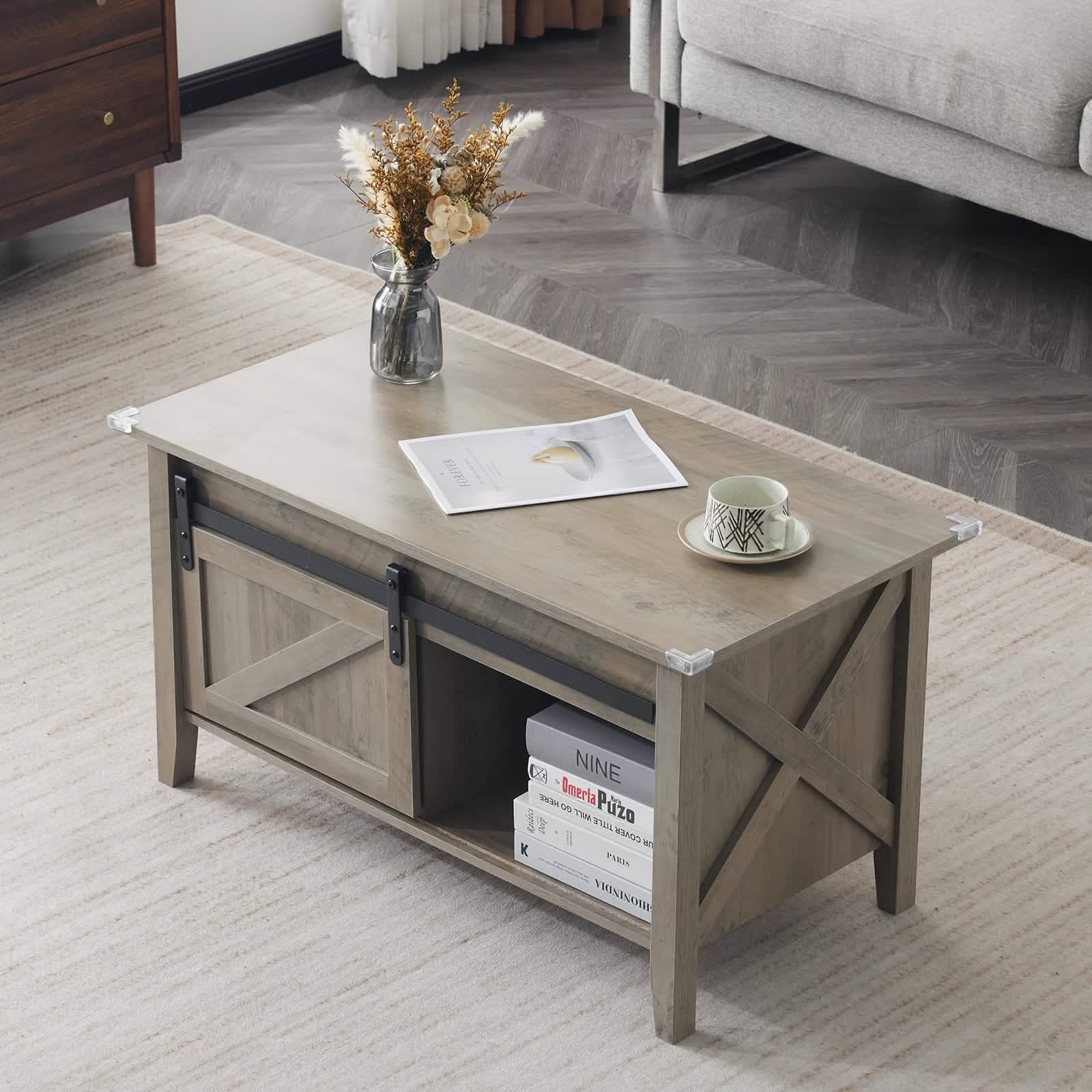 Lift Top Coffee Table 36" Farmhouse Rustic Wood Hidden Storage & Sliding Barn