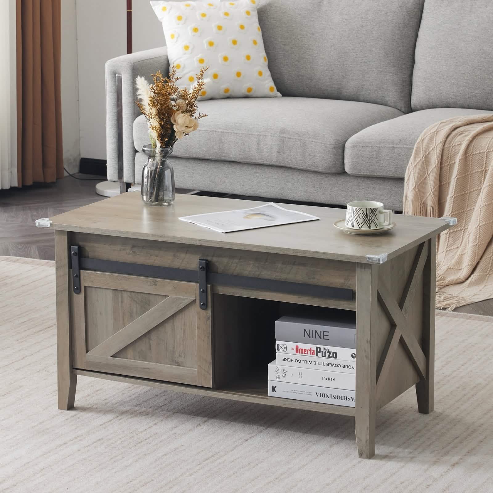 Lift Top Coffee Table 36" Farmhouse Rustic Wood Hidden Storage & Sliding Barn