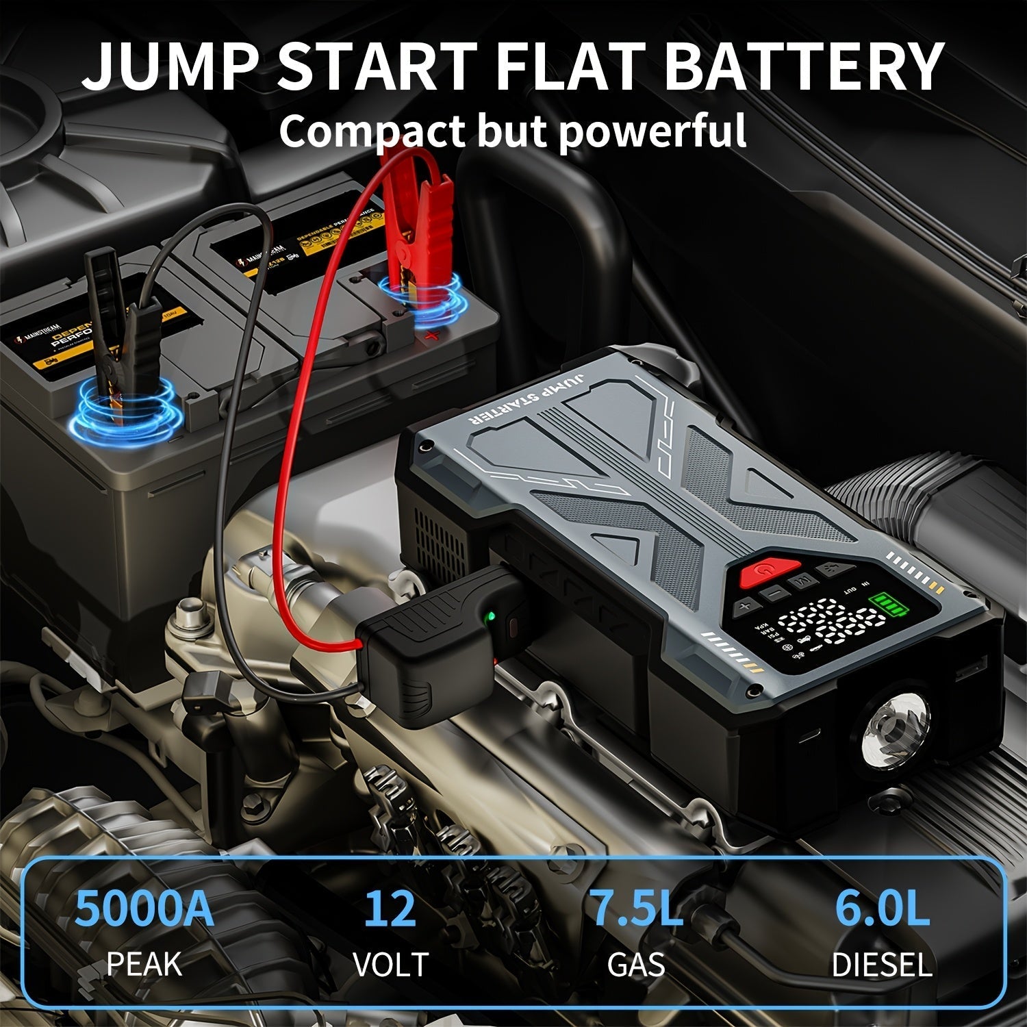 9-in-1 Portable Jump Starter with Air Compressor 12V Car Battery Booster USB LED
