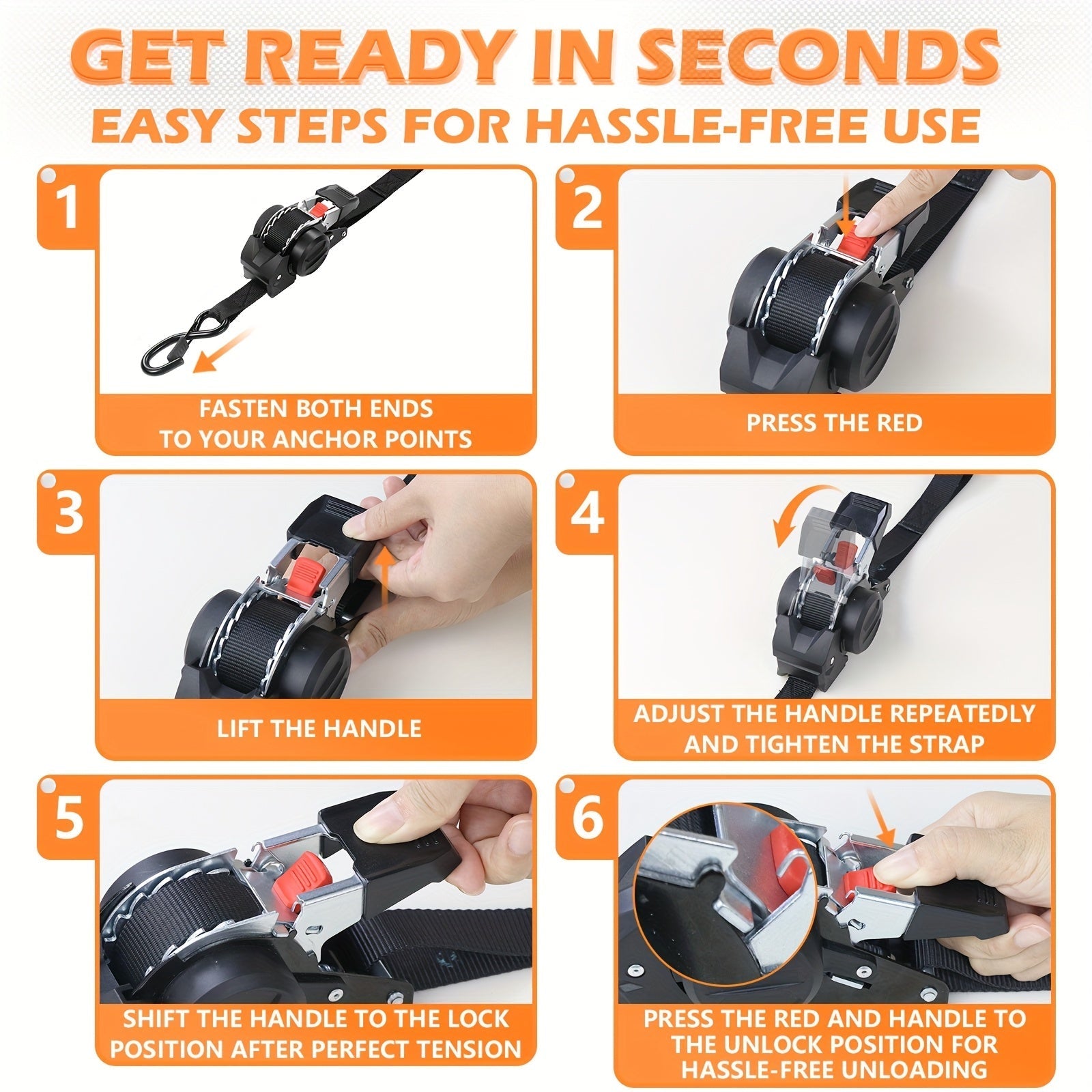 4PCS Retractable Ratchet Tie Down Straps – 10FT Heavy Duty Self-Retracting Cargo Straps for Truck, Trailer & Motorcycle