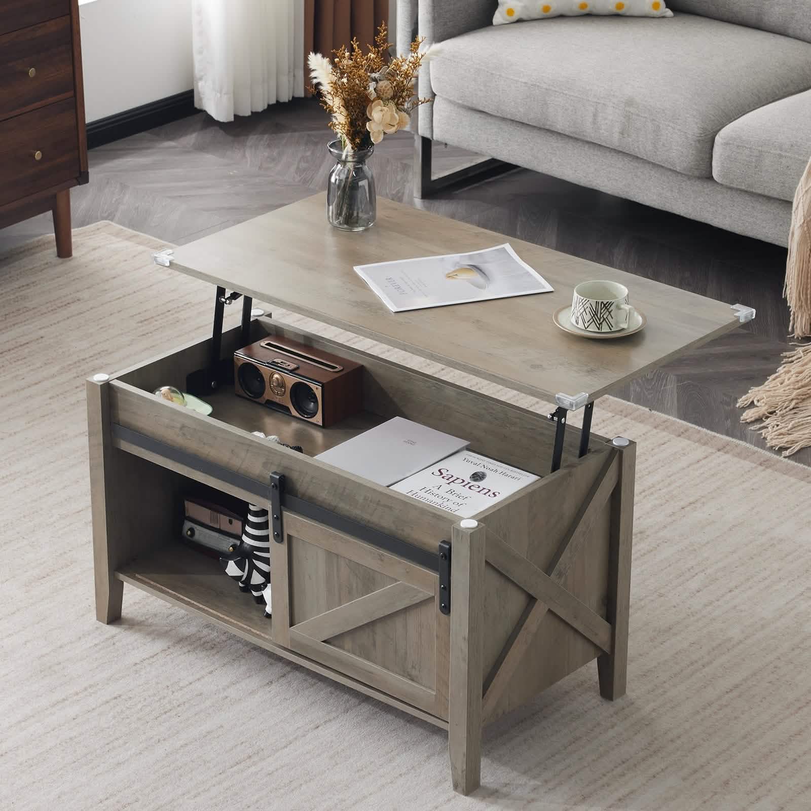 Lift Top Coffee Table 36" Farmhouse Rustic Wood Hidden Storage & Sliding Barn