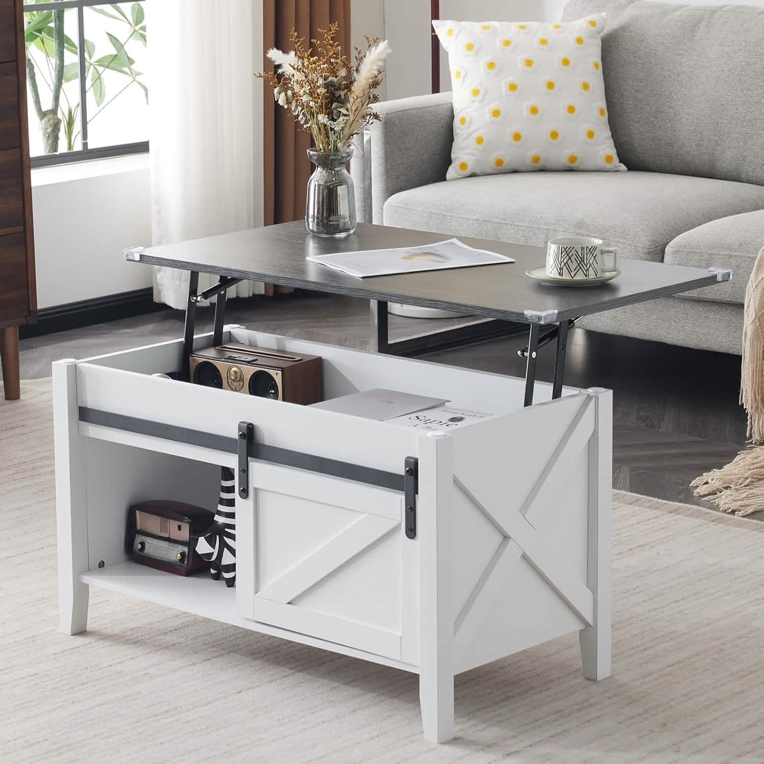Lift Top Coffee Table 36" Farmhouse Rustic Wood Hidden Storage & Sliding Barn