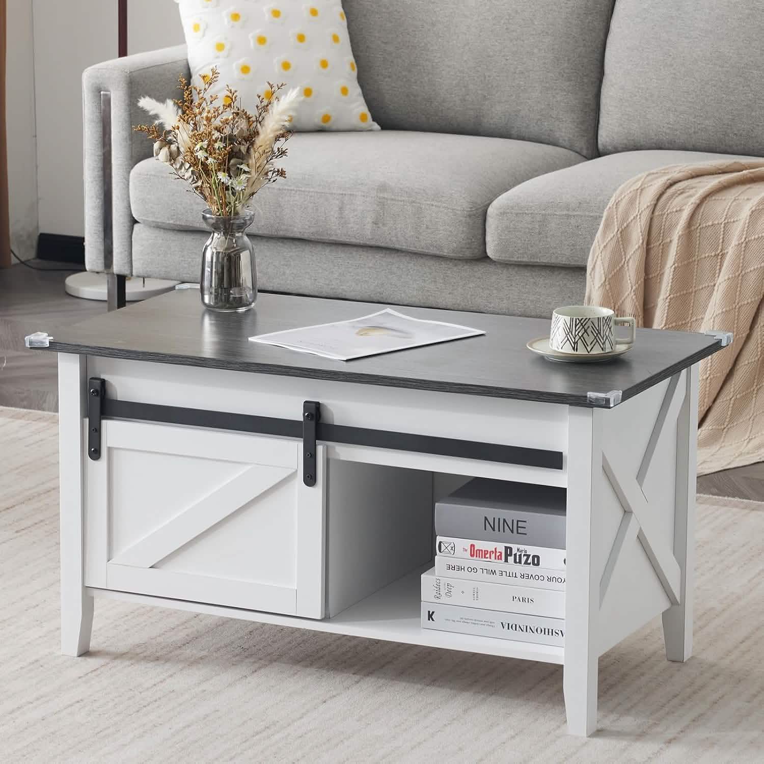 Lift Top Coffee Table 36" Farmhouse Rustic Wood Hidden Storage & Sliding Barn