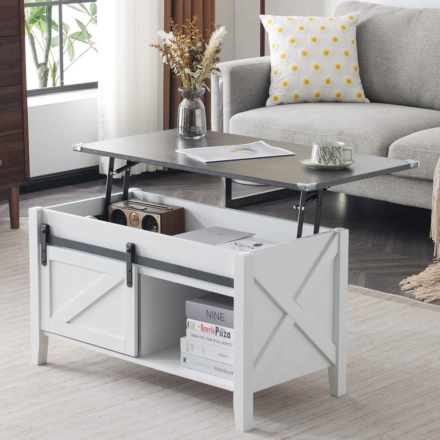 Lift Top Coffee Table 36" Farmhouse Rustic Wood Hidden Storage & Sliding Barn