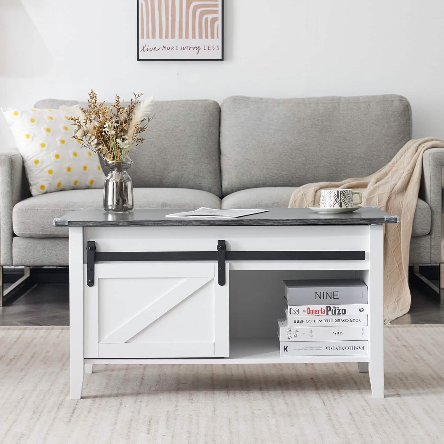 Lift Top Coffee Table 36" Farmhouse Rustic Wood Hidden Storage & Sliding Barn