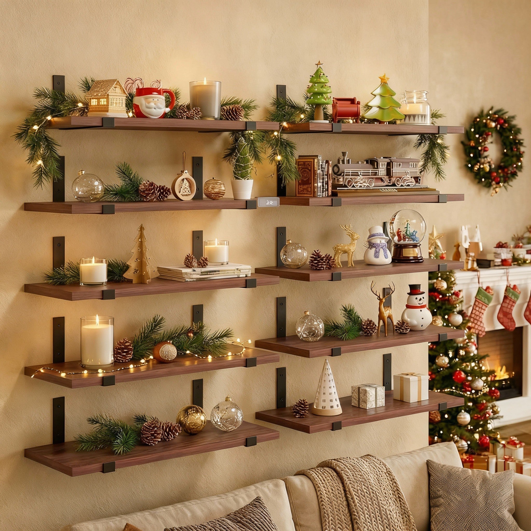Rustic Wood Floating Wall Shelves with Metal Brackets
