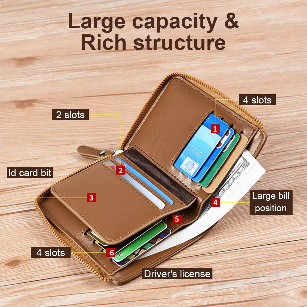 Men’s RFID Blocking Wallet with Zipper Multi Credit Card Holder Khaki + Brown + Black