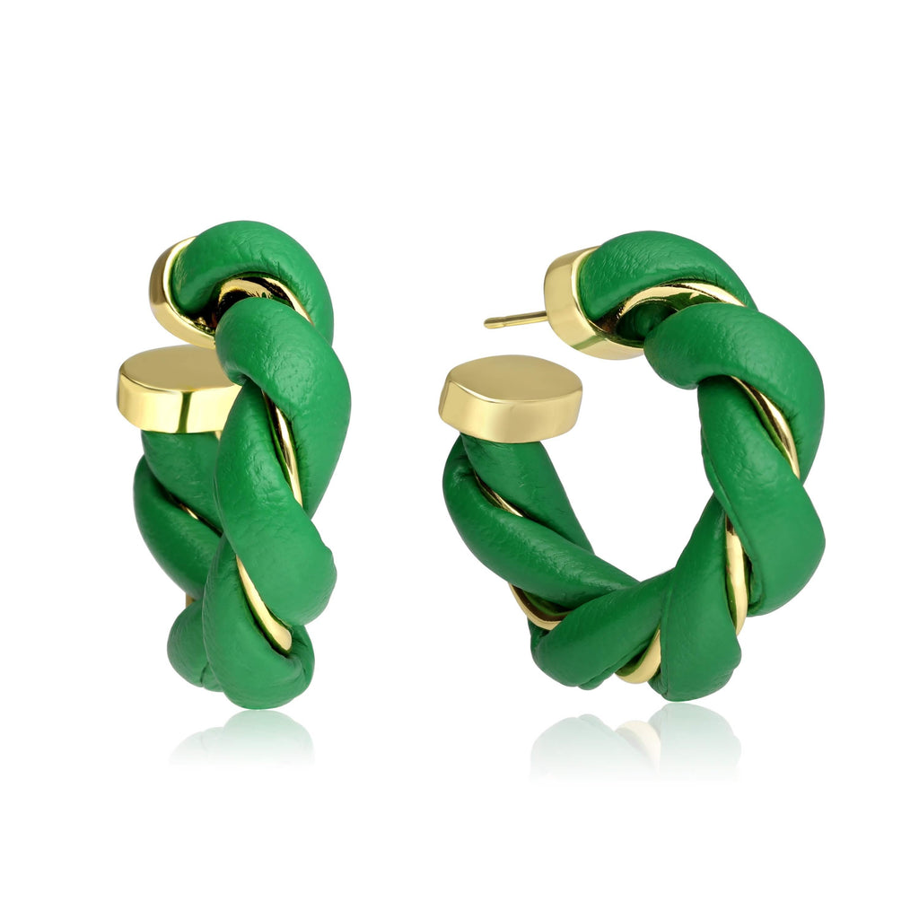 Gold-Plated Twisted Leather Hoop Earrings with Gift Pouch