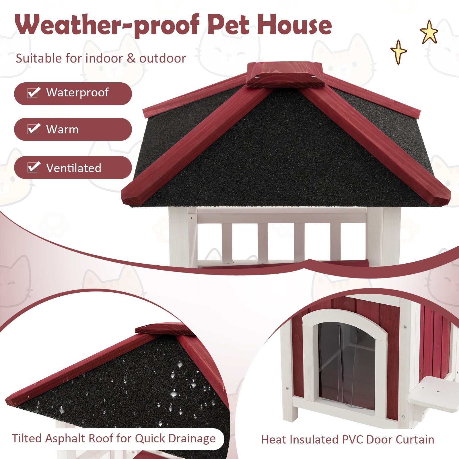 2-Story Wooden Cat House with Asphalt Roof Balcony and Rain Curtain