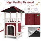 2-Story Wooden Cat House with Asphalt Roof Balcony and Rain Curtain